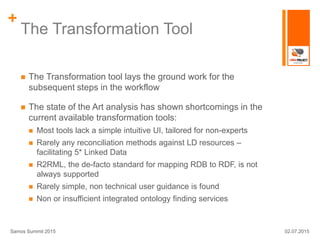 +
The Transformation Tool
 The Transformation tool lays the ground work for the
subsequent steps in the workflow
 The state of the Art analysis has shown shortcomings in the
current available transformation tools:
 Most tools lack a simple intuitive UI, tailored for non-experts
 Rarely any reconciliation methods against LD resources –
facilitating 5* Linked Data
 R2RML, the de-facto standard for mapping RDB to RDF, is not
always supported
 Rarely simple, non technical user guidance is found
 Non or insufficient integrated ontology finding services
02.07.2015Samos Summit 2015
 