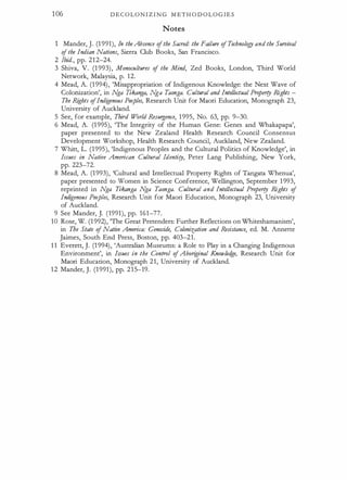 106 D E C O L O N I Z I N G M ETH O D O L O G I E S
Notes
Mander, J. (1 991), In the Absence ofthe Sacred· the Failure of TechnologJ and the Survival
ofthe Indian Nations, Sierra Club Books, San Francisco.
2 Ibid., pp. 212-24.
3 Shiva, V. (1 993), Monocultures of the Mind, Zed Books, London, Third World
Network, Malaysia, p. 12.
4 Mead, A. (1994), 'Misappropriation of Indigenous Knowledge: the Next Wave of
Colonization', in N
ga Tzkanga, Nga Taonga. Cultural and Intellectual Prvperry Rights -
The Ri
ghts ofIndigenous Peoples, Research Unit for Maori Education, Monograph 23,
University of Auckland.
5 See, for example, Third World Resurgence, 1995, No. 63, pp. 9-30.
6 Mead, A. (1995), 'The Integrity of the Human Gene: Genes and Whakapapa',
paper presented to the New Zealand Health Research Council Consensus
Development Workshop, Health Research Council, Auckland, New Zealand.
7 Whitt, L. (1995), 'Indigenous Peoples and the Cultural Politics of Knowledge', in
Issues in Native American Cultural Identity, Peter Lang Publishing, New York,
pp. 223-72.
8 Mead, A. (1993), 'Cultural and Intellecrual Property Rights of Tangata Whenua',
paper presented to Women in Science Conference, Wellington, September 1 993,
reprinted in N
ga Tzkanga N
ga Taonga. Cultural and Intellectual Prvperry Rights of
Indigenous Peoples, Research Unit for Maori Education, Monograph 23, University
of Auckland.
9 See Mander, J. (1991), pp. 161-77.
10 Rose, W. (1 992), 'The Great Pretenders: Further Reflections on Whiteshamanism',
in The State ofNative America: Genocide, Colonization and Resistance, ed. M. Annette
Jaimes, South End Press, Boston, pp. 403-21.
1 1 Everett, J. (1 994), 'Australian Museums: a Role to Play in a Changing Indigenous
Environment', in Issues in the Control ofAbori
ginal Knowled
ge, Research Unit for
Maori Education, Monograph 21, University of Auckland.
12 Mander, J. (1991), pp. 215-19.
 