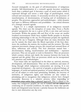 1 1 6 D E C OL O N I Z I N G M E T H O D O L O G I E S
focused strategically on the goal o f self-determination of indigenous
peoples. Self-determination in a research agenda becomes something
more than a political goal. It becomes a goal of social justice which is
expressed through and across a wide range of psychological, social,
cultural and economic terrains. It necessarily involves the processes of
transformation, of decolonization, of healing and of mobilization as
peoples. The processes, approaches and methodologies - while dynamic
and open to different influences and possibilities - are critical elements
of a strategic research agenda.
Figure 6.1 is a simple representation of an indigenous research
agenda. The chart uses the metaphor of ocean tides. From a Pacific
peoples' perspective the sea is a giver of life, it sets time and conveys
movement. Within the' greater ebb and flow of the ocean are smaller
localised environments which have enabled Pacific peoples to develop
enduring relationships to the sea. For Polynesian peoples the significant
deity of the sea is Tangaroa. Although there are many directions that
can be named, the chart takes the Maori equivalent of the four direc­
tions: the northern, the eastern, the southern and the western. The tides
represent movement, change, process, life, inward and outward flows of
ideas, reflections and actions. The four directions named here -
decolonization, healing, transformation and mobilization - represent
processes. They are not goals or ends in themselves. They are processes
which connect, inform and clarify the tensions between the local, the
regional and the global. They are processes which can be incorporated
into practices and methodologies.
Four major tides are represented in the chart as: survival, recovery,
development, self-determination. They are the conditions and states of
being through which indigenous communities are moving. It is not
sequential development - the survival of peoples as physical beings, of
languages, of social and spiritual practices, of social relations, and of the
arts are all subject to some basic prioritizing. Similarly, the recovery of
territories, of indigenous rights, and histories are also subject to
_prioritizing and to reco ·cion that indigenous cultures have changed
inexorably. Recovery is a selective process, o ten respon g
· · ·
lanned a roach. This is related to the
reality that indigenous peop es are not In con o an
continuing set of external conditions. In reality this means that specific
lands and designated areas become a priority because the bulldozers are
due to start destruction any day now.
 