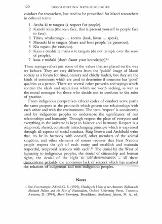 120 D E C O L O N I Z I N G M E T H O D O L O G I E S
conduct for researchers, but tend t o be prescribed for Maori researchers
in cultural terms:
1 Aroha ki te tangata (a respect for people).
2 Kanohi kitea (the seen face, that is present yourself to people face
to face).
3 Titiro, whakarongo . . . korero (look, listen . . . speak).
4 Manaaki ki te tangata (share and host people, be generous).
5 Kia tupato (be cautious) .
6 Kaua e takahia te mana o te tangata (do not trample over the mana
of people).
7 kaua e mahaki (don't flaunt your knowledge).24
These sayings reflect just some of the values that are placed on the way
we behave. They are very different from the 'public' image of Maori
society as a forum for ritual, oratory and chiefly leaders, but they are the
kinds of comments which are used to determine if someone has 'good'
qualities as a person. There are several other proverbs and sayings which
contain the ideals and aspirations which are worth seeking, as well as
the moral messages for those who decide not to conform to the rules
of practice.
From indigenous perspectives ethical codes of conduct serve partly
the same purpose as the protocols which govern our relationships with
each other and with the environment. The term 'respect' is consistently
used by indigenous peoples to underscore the significance of our
relationships and humanity. Through respect the place of everyone and
everything in the universe is kept in balance and harmony. Respect is a
reciprocal, shared, constantly interchanging principle which is expressed
through all aspects of social conduct. Haig-Brown and Archibald write
that, 'to be in harmony with oneself, other members of the animal
kingdom, and other elements of nature requires that First Nations
people respect the gift of each entity and establish and maintain
respectful, reciprocal relations with each'.25 The denial by the West of
humani to indi enous peoples, the denial of citizenship and human
rights, the denial of the right to se t-Cletermmatton - ill-----nlese
nstrate al abl the enormous lack of res ect which has marked
Notes
1 See, for example, Alfred, G. R. (1995), Heeding the Voices ofourAncestors. Kahnawake
Mohawk Politics and the Rise of Nationalism, Oxford University Press, Toronto;
Awatere, D. (1984), Maori Sovereignry, Broadsheet, Auckland; Jaimes, M. A., ed.
 