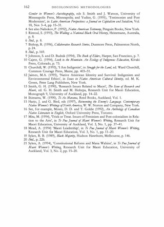 1 62 D E C O L O N I Z I N G M E T H O D O L O G I E S
Gender in Women's Autobiogra
phy, eds S. Smith and J. Watson, University of
Minneapolis Press, Minneapolis; and Yudice, G. (1991), 'Testimonies and Post
Modernism', in Latin American Perspectives: aJoumal on Ca
pitalism and Socialism, Vol.
1 8, Nos 3--4, pp. 1 5-31 .
4 See also Nabokov, P . (1992), NativeAmerican Testimony, Penguin Books, New York.
5 Rintoul, S. (1 993), The W
ailing: a NationalBlack OralHistory, Heinemann, Australia,
P·
8.
6 Ibid., p. 8.
7 Bishop, R. (1996), Collaborative Research Stories, Dunmore Press, Palmerston North,
p. 24.
8 Ibid., p. 1 69.
9 Johnson, S. and D. Budnik (1994), The Book ofElders, Harper, San Francisco, p. 7.
10 Cajete, G. (1994), Look to the Mountain. An Ecology of Indi
genous Edllcation, Kivaki
Press, Colorado, p. 73.
11 Churchill, W. (1 993), 'I Am Indigenist', in Strugglef
or the Land, ed. Ward Churchill,
Common Courage Press, Maine, pp. 403-51 .
12 Jaimes, M.A. (1 995), 'Native American Identity and Survival: Indigenism and
Environmental Ethics', in Issues in Native American Cultural Identity, ed. M. K
Green, Peter Lang Publishers, New York.
1 3 Smith, G. H. (1 990), 'Research Issues Related to Maori', The Issue ofResearch and
Maori, ed. G. H. Smith and M. Hohepa, Research Unit for Maori Education,
Monograph 9, University of Auckland, pp. 14-22.
14 Ihimaera, W. (1990), Te Ao Marama, Reed Books, Auckland, Vol. 1 .
1 5 Harjo, J. and G . Bird, eds (1997), Reinventing the Enenry's Language. Contemporary
Native Women's W
ritings ofNorthAmerica, W. W. Norton and Company, New York.
1 6 See, for example, Moses, D. D. and T. Goldie (1 992), An Anthology of Canadian
Native literature in English, Oxford University Press, Toronto.
1 7 Mita, M. (1 994), 'Trick or Treat. Issues of Feminism and Post-colonialism in Rela­
tion to the Arts', in Te Pua Joumal of Maori W
omen's W
riting, Research Unit for
Maori Education, University of Auckland, Vol. 3, No. 1 , pp. 37-41.
1 8 Mead, A. (1 994) 'Maori Leadership', in Te Pua joumal of Maori Women's Wnting,
Research Unit for Maori Education, Vol. 3, No. 1 , pp. 1 1-20.
19 Sykes, R. B. (1 989), Black Majority, Hudson Hawthorn, Melbourne, p. 146.
20 Ibid., p. 226.
21 Sykes, A. (1 994), 'Constitutional Reform and Mana Wahine', in Te PuaJournal of
Maori Women's Writing, Research Unit for Maori Education, University of
Auckland, Vol. 3, No. 2, pp. 1 5-20.
 