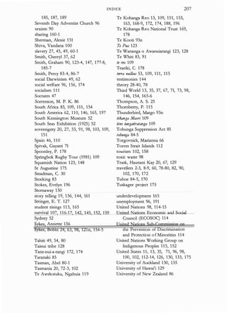 1 85, 1 87, 1 89
I NDEX
Te Kohanga Reo 13, 109, 1 5 1 , 1 53,
1 63, 1 68-9, 172, 174, 188, 196
207
Seventh Day Adventist Church 96
sexism 90
sharing 1 60-1
Te Kohanga Reo National Trust 1 69,
Sherman, Alexie 1 51
Shiva, Vandana 100
slavery 27, 45, 49, 60-1
Snli� Cherryl 37, 62
Snlith, Graham 90, 1 23-4, 147, 177-8,
1 85-7
Snlith, Percy 83-4, 86-7
social Darwinism 49, 62
social wdfare 96, 1 56, 174
socialism 1 1 1
Socrates 47
Sorrenson, M. P. K 86
South Africa 83, 109, 1 1 1 , 1 54
South America 62, 1 1 0, 146, 165, 197
South Kensington Museum 52
South Seas Exhibition (1 925) 52
sovereignty 20, 27, 33, 91, 98, 103, 109,
151
Spain 46, 1 1 0
Spivak, Gayatri 71
Spoonley, P. 1 78
Springbok Rugby Tour (1981) 109
Squarnish Nation 1 23, 148
St Augustine 175
Steadman, C. 30
Stocking 83
Stokes, Evdyn 1 96
Stornaway 1 50
178
Te Kooti 93n
Te Pua 123
Te Wananga o Awanuiarangi 123, 128
Te Whiti 83, 91
le �o 1 09
Teariki, C. 178
terra nullius 53, 1 09, 1 1 1 , 1 1 5
testimonies 1 44
theory 28-40, 78
Third World 1 3, 35, 37, 67, 71, 73, 98,
1 46, 1 54, 165-6
Thompson, A. S. 25
Thornberry, P. 1 1 5
Thunderbird, Margo 93n
tikanga Maori 109
lino tangatiratanga 109
Tohunga Suppression Act 85
tobunga 84-5
Torgovnick, Marianna 66
Torres Strait Islands 1 1 2
tourism 1 02, 158
toxic waste 98
Trask, Haunani Kay 20, 67, 129
travellers 2-3, 8-9, 60, 78-80, 82, 90,
1 02, 1 70, 172
Tuhoe 84-5, 170
Tuskagee project 175
story telling 1 9, 136, 1 44, 161 underdevelopment 165
Stringer, E. T. 127 unemployment 96, 191
student risings 1 1 3, 1 65 United Nations 98, 1 1 4-15
survival 1 07, 1 1 6-17, 142, 145. 1 52,
,
_1
..,
5
....
9
'--- �II�n�ited..N.ations..Economic..a.nd..SociaL.-
Sydney 52 Council (ECOSOC) 1 1 4
Sykes, Annette 1 56 llgit;d Natigp§ Snh-Cgmmission an
Sytees, Bobbt 24, 63, 98, 121n, 154=5 the Prevention of Discrirrllnation
Tahiti 49, 54, 80
Tainui tribe 128
Tane-nui-a-rangi 172, 1 74
Taranaki 83
Tasman, Abd 80-1
Tasmania 20, 72-3, 102
Te Awekotuku, Ngahuia 1 1 9
and Protection o f Minorities 1 14
United Nations Working Group on
Indigenous Peoples 1 1 5, 1 52
United States 1 1 , 13, 35, 71, 96, 98,
1 00, 102, 1 1 2-14, 126, 130, 133, 175
University of Auckland 130, 135
University of Hawai'i 129
University of New Zealand 86
 