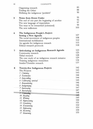 vi CONTENTS
Organizing research 85
Trading the Other 88
Defining the indigenous 'problem' 90
5 Notes from Down Under 95
The end of one part the beginning of another 95
The new language of imperialism 97
Ten ways to be researched (colonized) 99
The new millenium 103
6 The Indigenous People's Project:
Setting a New Agenda 107
The social movement of indigenous peoples 108
International mobilization 112
An agenda for indigenous research 115
Ethical research protocols 118
7 Articulating an Indigenous Research Agenda 123
Community research 125
Tribal research 128
The case study of an indigenous research initiative 129
Trainin
J
indigenous researchers 134
Insider Outsider research 137
8 Twenty-five Indigenous Projects 142
The Projects 143
1 Claiming 143
2 Testimonies 144
3 Story-telling 144
4 Celebrating survival 145
5 Remembering 146
6 /ndigeni:rjng 146
7---Jntervening 147
8 Revitali:rfng +1-
� r:;�,,,,2211�
148
10 Reading t49:
11 Writing 149
12 Representing 150
13 Gendering 151
14 Envisioning 152
15 Re.framing 153
16 Restoring 154
17 Returning 155
 