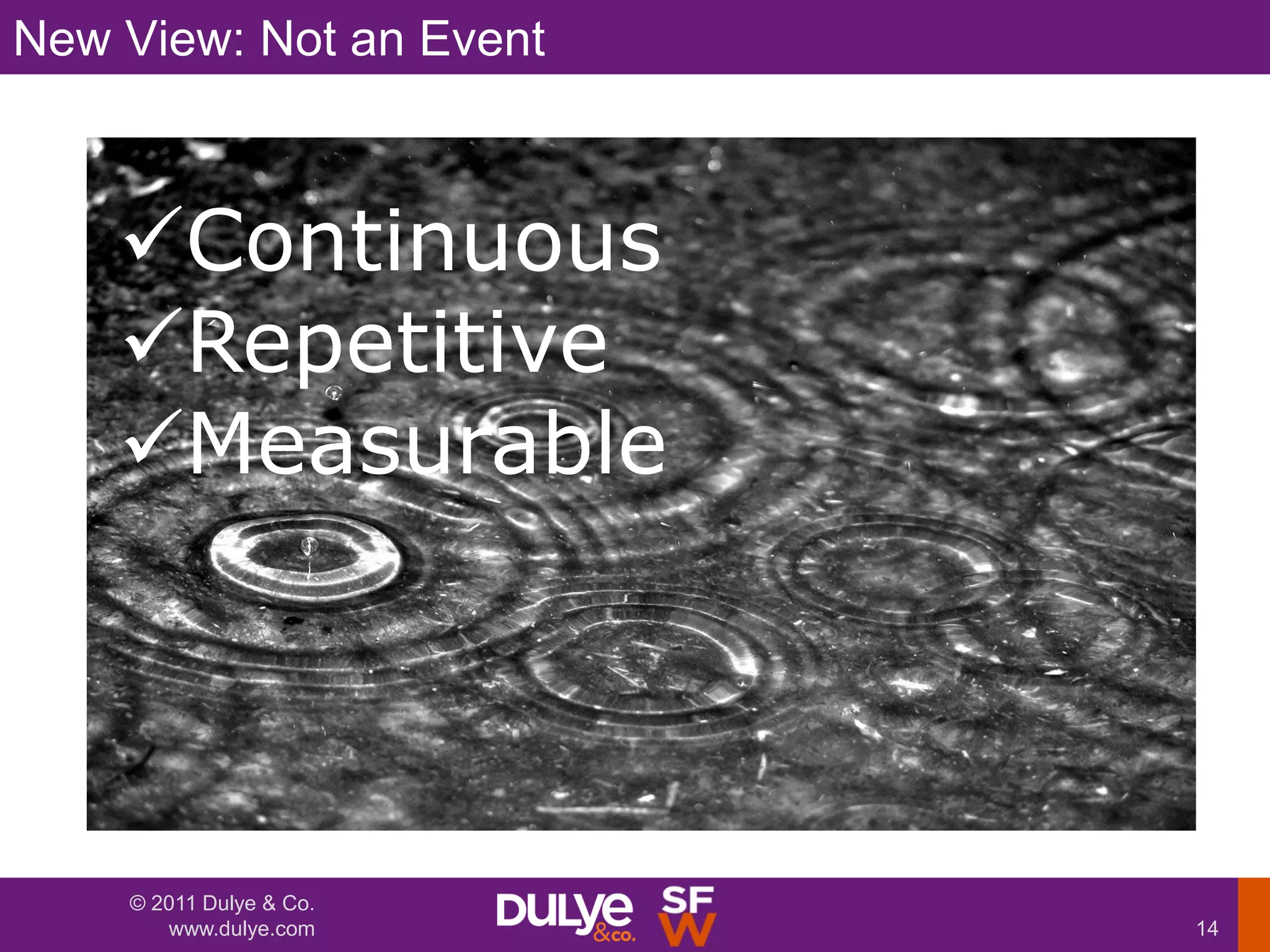 New View: Not an Event



    Continuous
    Repetitive
    Measurable




    © 2011 Dulye & Co.
       www.dulye.com     14
 