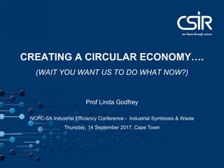 CREATING A CIRCULAR ECONOMY….
(WAIT YOU WANT US TO DO WHAT NOW?)
Prof Linda Godfrey
NCPC-SA Industrial Efficiency Conference - Industrial Symbiosis & Waste
Thursday, 14 September 2017, Cape Town
 