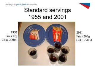 Standard servings
               1955 and 2001

      1955                        2001
  Fries 72g                       F...