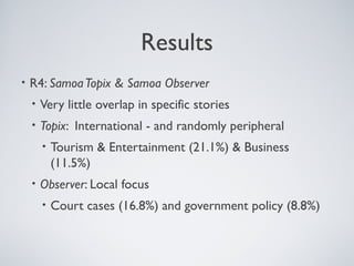 Results
• R4: SamoaTopix & Samoa Observer
• Very little overlap in specific stories
• Topix: International - and randomly ...