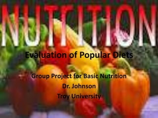 Evaluation of Popular Diets
Group Project for Basic Nutrition
Dr. Johnson
Troy University
 
