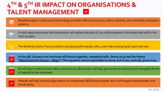 4TH & 5TH IR IMPACT ON ORGANISATIONS &
TALENT MANAGEMENT
Breakthroughs in science and technology and their effect on business, labour markets, and ultimately, education
systems.
A 2016 report estimates that automation will replace the jobs of 137 million people in Southeast Asia within the
next 20 years.
TheWorld Economic Forum predicts net job growth overall, with 4 new roles emerging for each lost role.
In the 5IR, humans and machines will dance together, metaphorically. Davos 2019 had the theme
“Blockchain+AI+Human = Magic”.This equation seems impossible to some, but it can, and will, prove true.
AI will help increase human labour productivity. Blockchain will help give access to banking (and intangible forms
of capital) to the unbanked.
•Robots will help humans align returns on investment (ROI) with purpose. But it will require intentionality and
moral clarity.
(ILO; 2016)
5IR
5IR
5IR
5IR
 