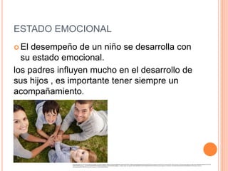 ESTADO EMOCIONAL 
 El desempeño de un niño se desarrolla con 
su estado emocional. 
los padres influyen mucho en el desarrollo de 
sus hijos , es importante tener siempre un 
acompañamiento. 
https://www.google.com.co/search?q=PADRES+HE+HIJO&es_sm=122&biw=1600&bih=799&tbm=isch&imgil=bRQBDgmpB_JjQM%253A%253B5XC-1bDjbWmHLM%253Bhttp%25253A%25252F%25252Fwww.xatakafoto.com%25252Fcolecciones%25252F50-retratos-de-padres-e-hijos-para-inspirarte&source=iu&pf=m&fir=bRQBDgmpB_JjQM%253A%252C5XC- 
1bDjbWmHLM%252C_&usg=__K4vv94TahNUngr6jISMFtiYBxew%3D&ved=0CCkQyjc&ei=bdtwVPyhH8GkNunigpgJ#facrc=_&imgdii=_&imgrc=6H-pepvjPhjl_M%253A%3BZ0DCksF4UNk1cM%3Bhttp%253A%252F%252Fwww.endocrinologia.com.mx%252Fwp-content%252Fuploads%252F2013%252F08%252F10112769-padres-e-hijos-en-jardin. 
jpg%3Bhttp%253A%252F%252Fwww.endocrinologia.com.mx%252F%3B1200%3B801 
 