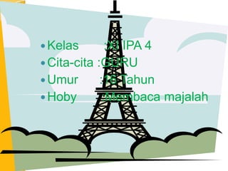Kelas :XI IPA 4
Cita-cita :GURU
Umur :16 Tahun
Hoby :Membaca majalah
 
