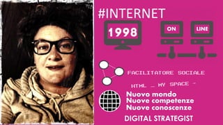 #INTERNET

1998

ON

LINE

FACILITATORE SOCIALE
Nuovo mondo
Nuove competenze
Nuove conoscenze
DIGITAL STRATEGIST

 