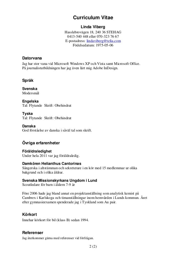 Linda Vibergs Cv 2012