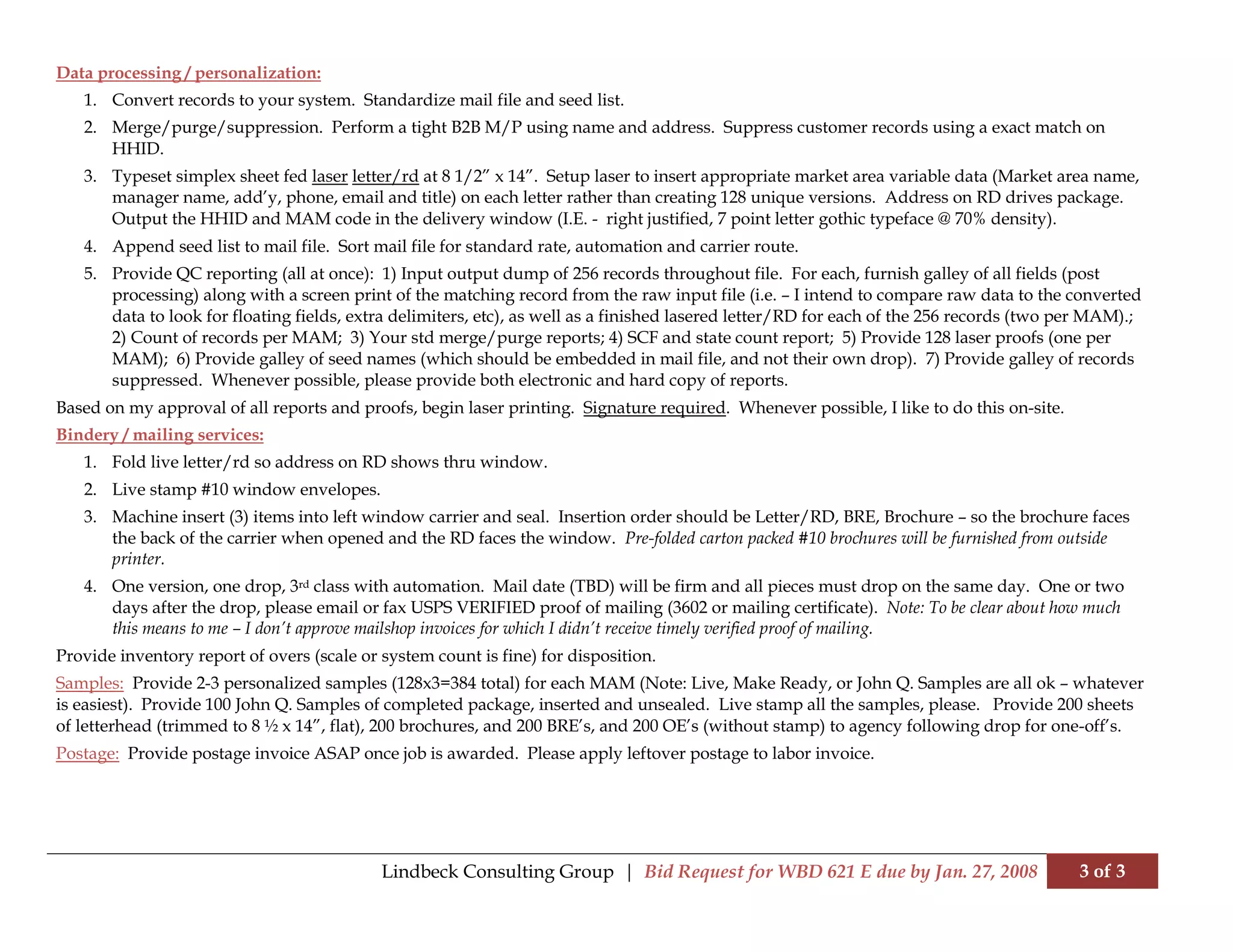 Sample production spec sheet