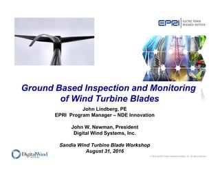 © 2016 Electric Power Research Institute, Inc. All rights reserved.
John Lindberg, PE
EPRI Program Manager – NDE Innovation
John W. Newman, President
Digital Wind Systems, Inc.
Sandia Wind Turbine Blade Workshop
August 31, 2016
Ground Based Inspection and Monitoring
of Wind Turbine Blades
 