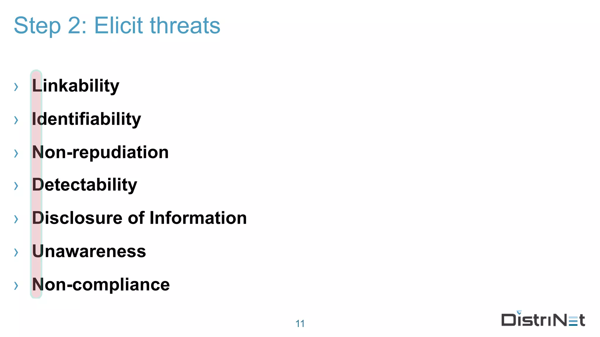 › Linkability
› Identifiability
› Non-repudiation
› Detectability
› Disclosure of Information
› Unawareness
› Non-compliance
Step 2: Elicit threats
11
 