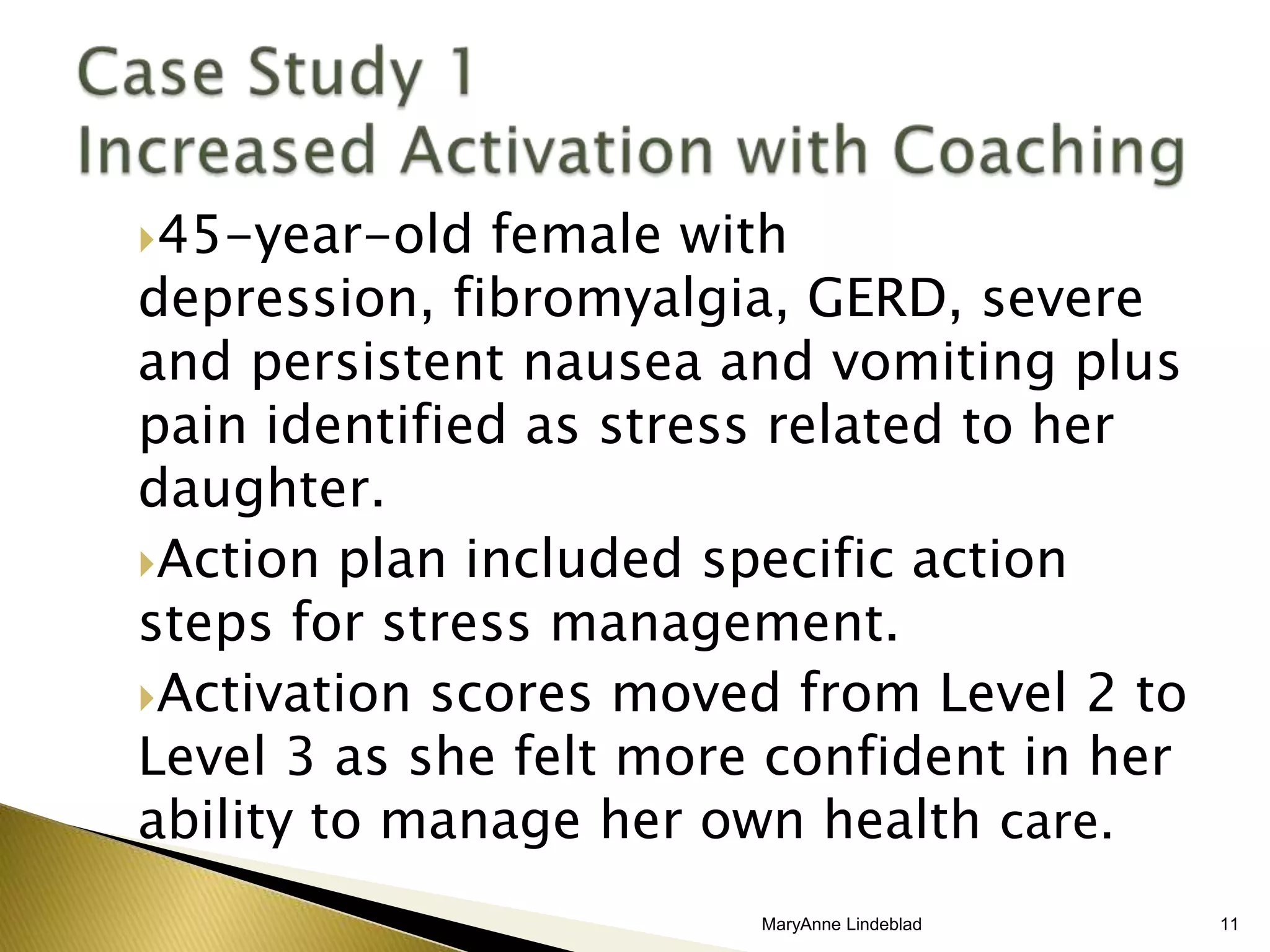 Insignia Health designed “Coaching for Activation” for use by clients or clinicians in conjunction with PAMMotivational Interviewing is used after Stages of Change are assessedBoth rely on client readiness for change and confidence in achieving goalsMaryAnne Lindeblad5Intervention Techniques