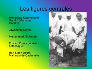 Les figures centralesMohandas Karamchand Gandhi (Mahatma Gandhi)Jawaharlal NehruMuhammad Ali JinnahEdward Dyer- général britanniqueHari Singh Dogra- Maharaja de Cachemire