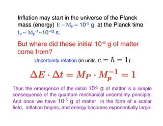 Inflation may start in the universe of the Planck 
mass (energy) E ~ MP 
~ 10-5 g, at the Planck time 
tP 
~ MP 
-1~10-43 s. 
But where did these initial 10-5 g of matter 
come from? 
Uncertainty relation (in units ): 
Thus the emergence of the initial 10-5 g of matter is a simple 
consequence of the quantum mechanical uncertainty principle. 
And once we have 10-5 g of matter in the form of a scalar 
fifield, inflflation begins, and energy becomes exponentially large. 
 