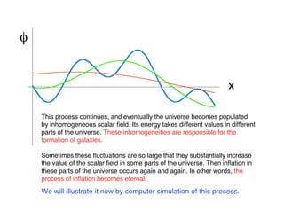 φ 
x 
This process continues, and eventually the universe becomes populated 
by inhomogeneous scalar field. Its energy takes different values in different 
parts of the universe. These inhomogeneities are responsible for the 
formation of galaxies. 
Sometimes these fluctuations are so large that they substantially increase 
the value of the scalar field in some parts of the universe. Then inflation in 
these parts of the universe occurs again and again. In other words, the 
process of inflation becomes eternal. 
We will illustrate it now by computer simulation of this process. 
 