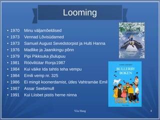 Looming 
Viia Hang 8 
● 1970 Minu väljamõeldised 
● 1973 Vennad Lõvisüdamed 
● 1973 Samuel August Sevedstorpist ja Hulti Hanna 
● 1976 Madlike ja Jaanikingu põnn 
● 1979 Pipi Pikksuka jõulupuu 
● 1981 Röövlitütar Ronja1987 
● 1984 Kui väike Ida tahtis teha vempu 
● 1984 Emili vemp nr. 325 
● 1986 Ei mingit koonerdamist, ütles Vahtramäe Emil 
● 1987 Assar Seebimull 
● 1991 Kui Liisbet pistis herne ninna 
