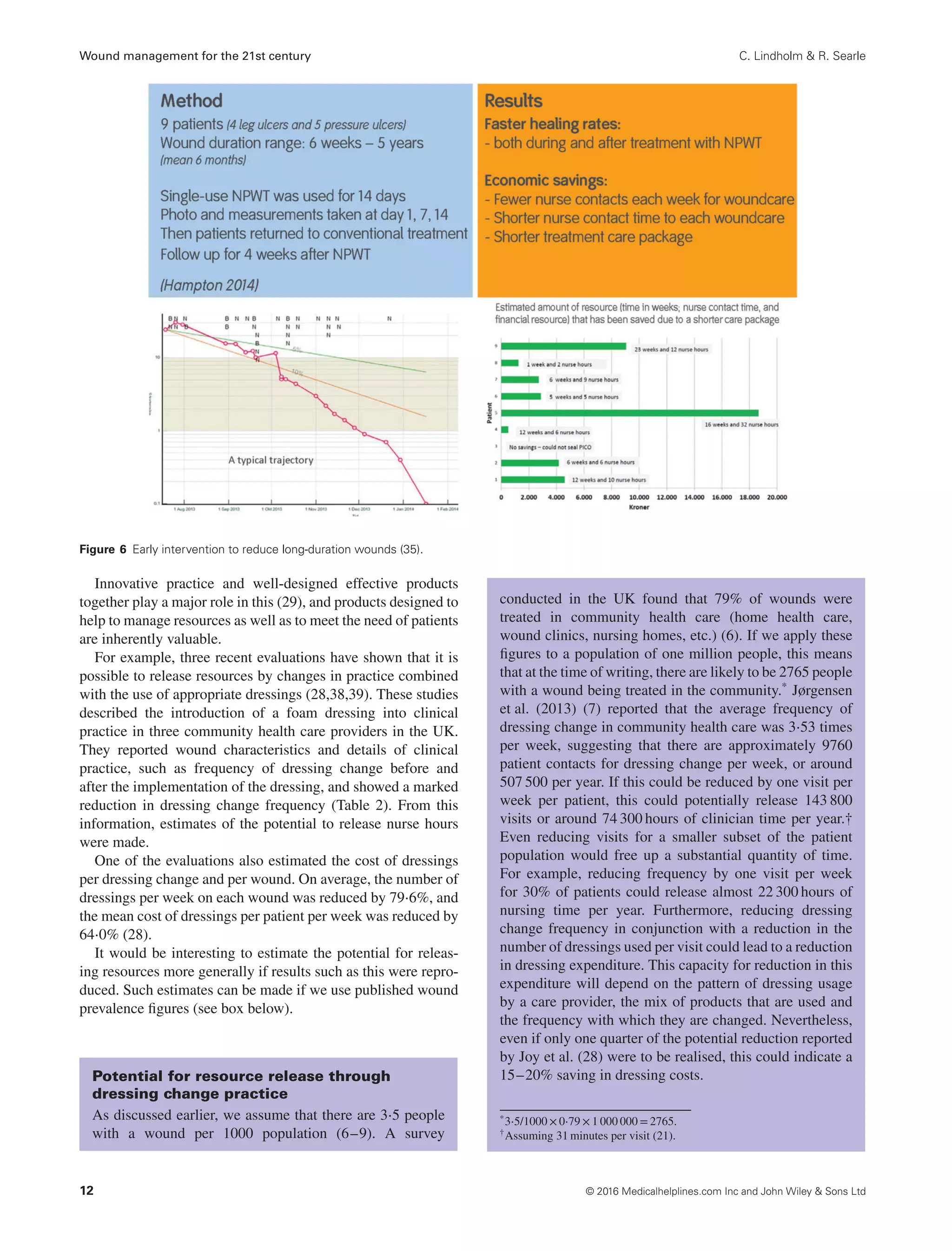 Wound management for the 21st century C. Lindholm & R. Searle
Figure 6 Early intervention to reduce long-duration wounds (35).
Innovative practice and well-designed effective products
together play a major role in this (29), and products designed to
help to manage resources as well as to meet the need of patients
are inherently valuable.
For example, three recent evaluations have shown that it is
possible to release resources by changes in practice combined
with the use of appropriate dressings (28,38,39). These studies
described the introduction of a foam dressing into clinical
practice in three community health care providers in the UK.
They reported wound characteristics and details of clinical
practice, such as frequency of dressing change before and
after the implementation of the dressing, and showed a marked
reduction in dressing change frequency (Table 2). From this
information, estimates of the potential to release nurse hours
were made.
One of the evaluations also estimated the cost of dressings
per dressing change and per wound. On average, the number of
dressings per week on each wound was reduced by 79⋅6%, and
the mean cost of dressings per patient per week was reduced by
64⋅0% (28).
It would be interesting to estimate the potential for releas-
ing resources more generally if results such as this were repro-
duced. Such estimates can be made if we use published wound
prevalence figures (see box below).
Potential for resource release through
dressing change practice
As discussed earlier, we assume that there are 3⋅5 people
with a wound per 1000 population (6–9). A survey
conducted in the UK found that 79% of wounds were
treated in community health care (home health care,
wound clinics, nursing homes, etc.) (6). If we apply these
figures to a population of one million people, this means
that at the time of writing, there are likely to be 2765 people
with a wound being treated in the community.* Jørgensen
et al. (2013) (7) reported that the average frequency of
dressing change in community health care was 3⋅53 times
per week, suggesting that there are approximately 9760
patient contacts for dressing change per week, or around
507 500 per year. If this could be reduced by one visit per
week per patient, this could potentially release 143 800
visits or around 74 300 hours of clinician time per year.†
Even reducing visits for a smaller subset of the patient
population would free up a substantial quantity of time.
For example, reducing frequency by one visit per week
for 30% of patients could release almost 22 300 hours of
nursing time per year. Furthermore, reducing dressing
change frequency in conjunction with a reduction in the
number of dressings used per visit could lead to a reduction
in dressing expenditure. This capacity for reduction in this
expenditure will depend on the pattern of dressing usage
by a care provider, the mix of products that are used and
the frequency with which they are changed. Nevertheless,
even if only one quarter of the potential reduction reported
by Joy et al. (28) were to be realised, this could indicate a
15–20% saving in dressing costs.
*3⋅5/1000 × 0⋅79 × 1 000 000 = 2765.
†
Assuming 31 minutes per visit (21).
12 © 2016 Medicalhelplines.com Inc and John Wiley & Sons Ltd
 