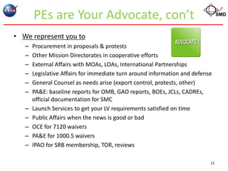 PEs are Your Advocate, con’t                                             SMD



• We represent you to
   –   Procurement in proposals & protests
   –   Other Mission Directorates in cooperative efforts
   –   External Affairs with MOAs, LOAs, International Partnerships
   –   Legislative Affairs for immediate turn around information and defense
   –   General Counsel as needs arise (export control, protests, other)
   –   PA&E: baseline reports for OMB, GAO reports, BOEs, JCLs, CADREs,
       official documentation for SMC
   –   Launch Services to get your LV requirements satisfied on time
   –   Public Affairs when the news is good or bad
   –   OCE for 7120 waivers
   –   PA&E for 1000.5 waivers
   –   IPAO for SRB membership, TOR, reviews

                                                                           13
 