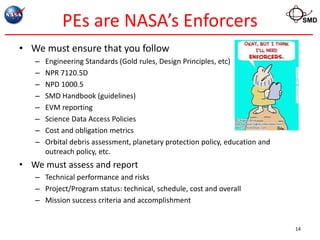 PEs are NASA’s Enforcers                                                SMD



• We must ensure that you follow
   –   Engineering Standards (Gold rules, Design Principles, etc)
   –   NPR 7120.5D
   –   NPD 1000.5
   –   SMD Handbook (guidelines)
   –   EVM reporting
   –   Science Data Access Policies
   –   Cost and obligation metrics
   –   Orbital debris assessment, planetary protection policy, education and
       outreach policy, etc.
• We must assess and report
   – Technical performance and risks
   – Project/Program status: technical, schedule, cost and overall
   – Mission success criteria and accomplishment


                                                                               14
 
