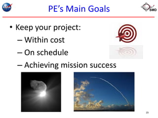 PE’s Main Goals            SMD




• Keep your project:
  – Within cost
  – On schedule
  – Achieving mission success




                                19
 
