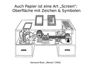 Auch Papier ist eine Art „Screen“:
Oberfläche mit Zeichen & Symbolen




         Vannevar Bush, „Memex“ (1945)
 