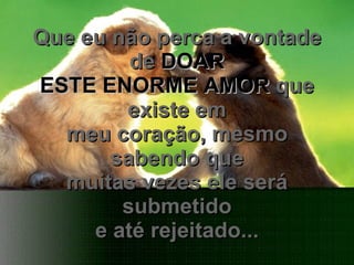 Que eu não perca a vontade de  DOAR ESTE ENORME AMOR  que existe em meu coração, mesmo sabendo que muitas vezes ele será submetido e até rejeitado... 