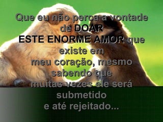 Que eu não perca a vontade de  DOAR ESTE ENORME AMOR  que existe em meu coração, mesmo sabendo que muitas vezes ele será submetido e até rejeitado... 