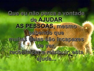 Que eu não perca a vontade de  AJUDAR AS PESSOAS , mesmo sabendo que muitas delas são incapazes de ver, reconhecer e retribuir, esta ajuda... 