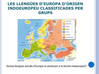 LES LLENGÜES D’EUROPA D’ORIGEN
INDOEUROPEU CLASSIFICADES PER
GRUPS
Quines llengües actuals d’Europa no pertanyen a la família indoeuropea?
 