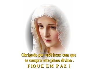 Obrigado por você fazer com que  se cumpra este plano divino . FIQUE EM PAZ ! 