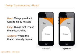 Design Considerations - Reach

Hard: Things you don’t
want to hit by mistake

Hard
Easy

Hard
Easy

Easy: Things that require
the most scrolling
Average: Where the
thumb naturally hovers

Average

Left hand

@precedent#@lindzeiy

Average

Right hand

 