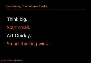 Considering The Future – Finally…

Think big.

Start small.
Act Quickly.

Smart thinking wins…

@precedent#@lindzeiy

 
