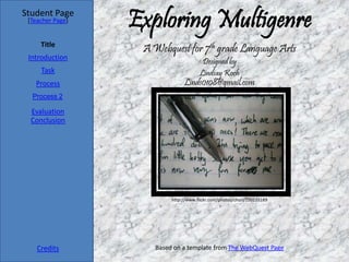 Student Page
 [Teacher Page]
                  Exploring Multigenre
     Title
                   A Webquest for 7th grade Language Arts
 Introduction
                                        Designed by
     Task                              Lindsay Koch
   Process                      Linds0108@gmail.com
  Process 2

  Evaluation
  Conclusion




                           http://www.flickr.com/photos/churl/250235189




    Credits           Based on a template from The WebQuest Page
 