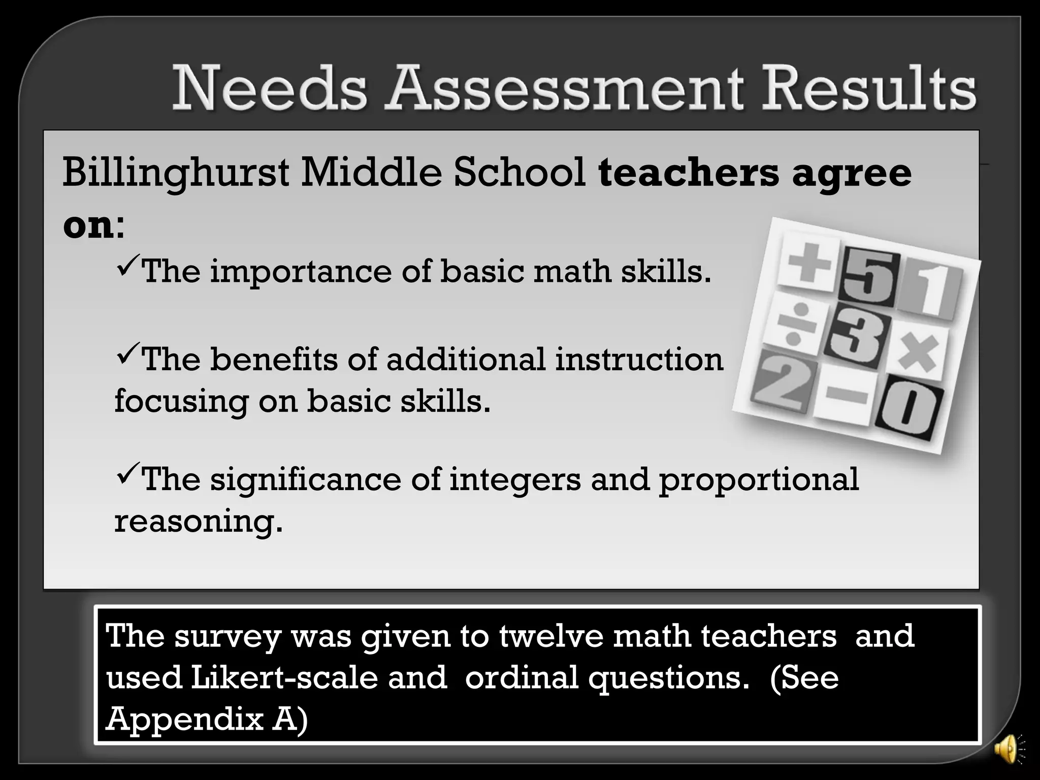 Billinghurst Middle School teachers agree
on:
  The importance of basic math skills.

  The benefits of additional instruction
  focusing on basic skills.

  The significance of integers and proportional
  reasoning.


  The survey was given to twelve math teachers and
  used Likert-scale and ordinal questions. (See
  Appendix A)
 
