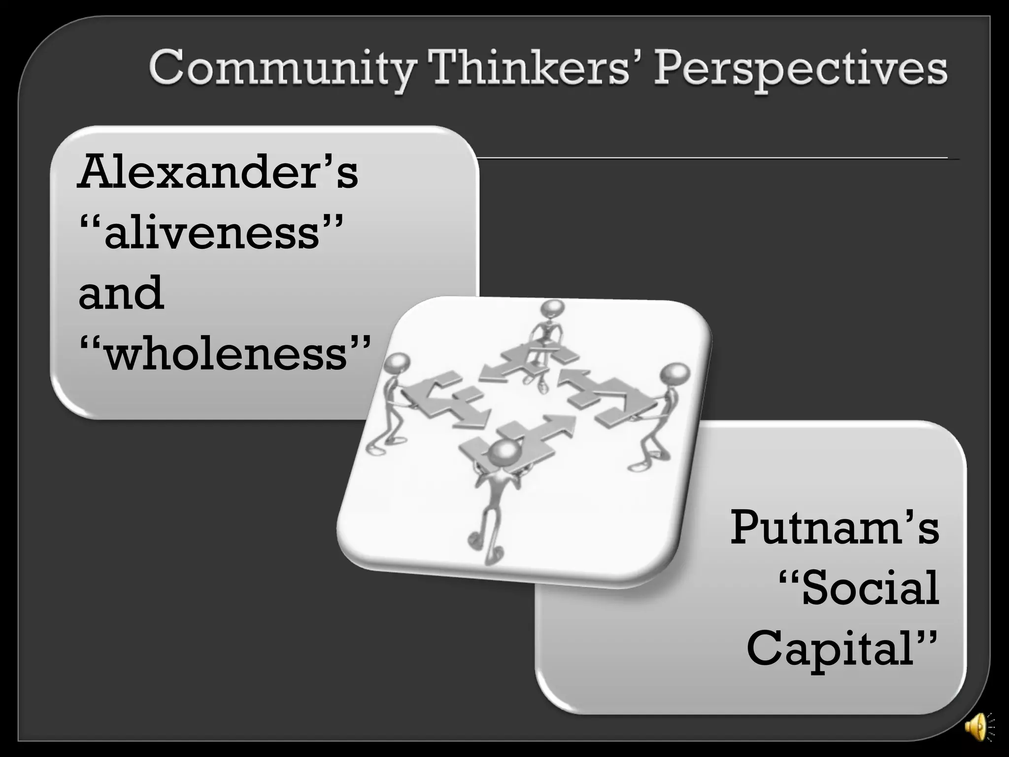Alexander’s
“aliveness”
and
“wholeness”


              Putnam’s
                “Social
               Capital”
 