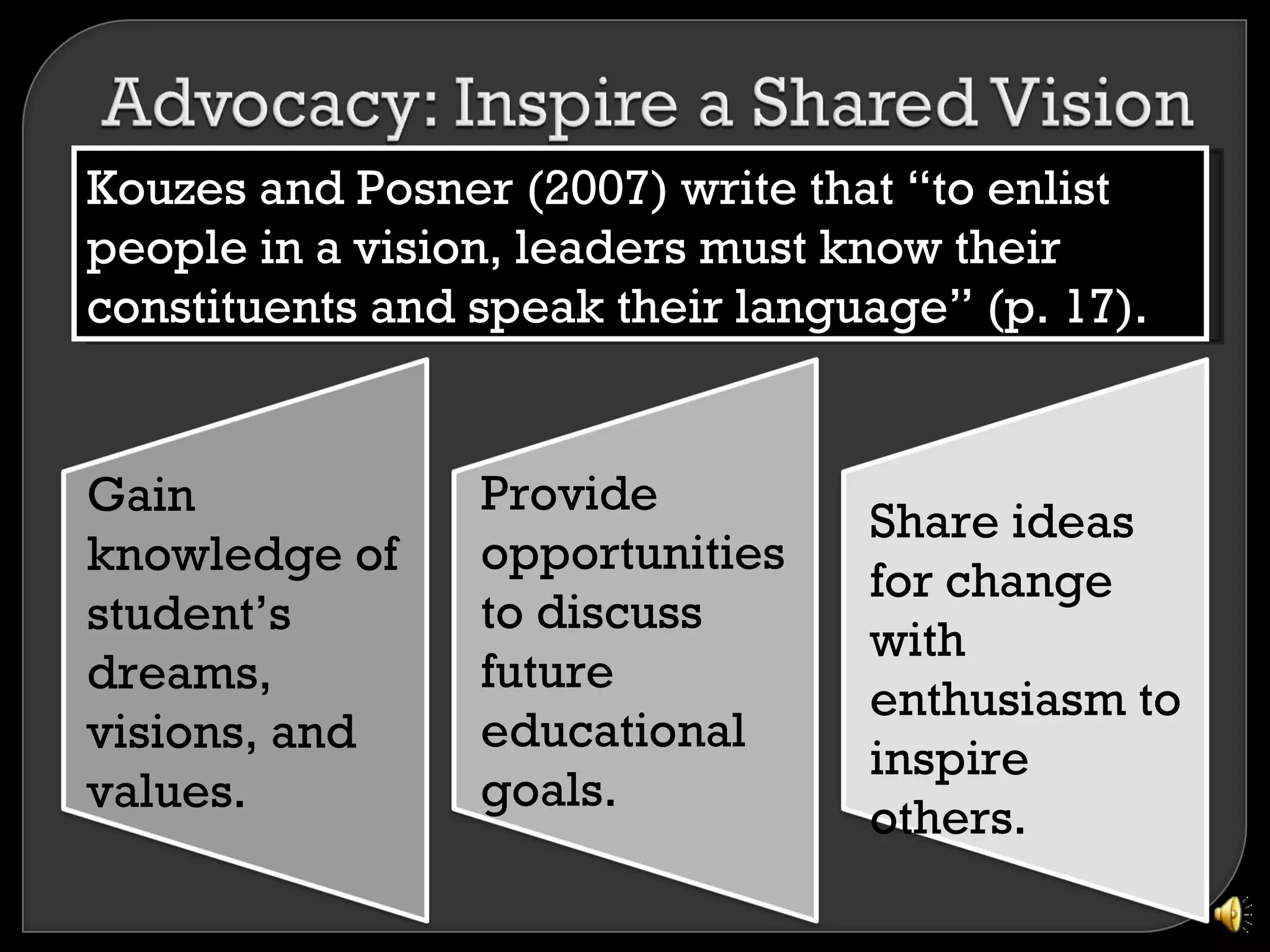 Kouzes and Posner (2007) write that “to enlist
people in a vision, leaders must know their
constituents and speak their language” (p. 17).


Gain             Provide
                                  Share ideas
knowledge of     opportunities
                                  for change
student’s        to discuss
                                  with
dreams,          future
                                  enthusiasm to
visions, and     educational
                                  inspire
values.          goals.
                                  others.
 