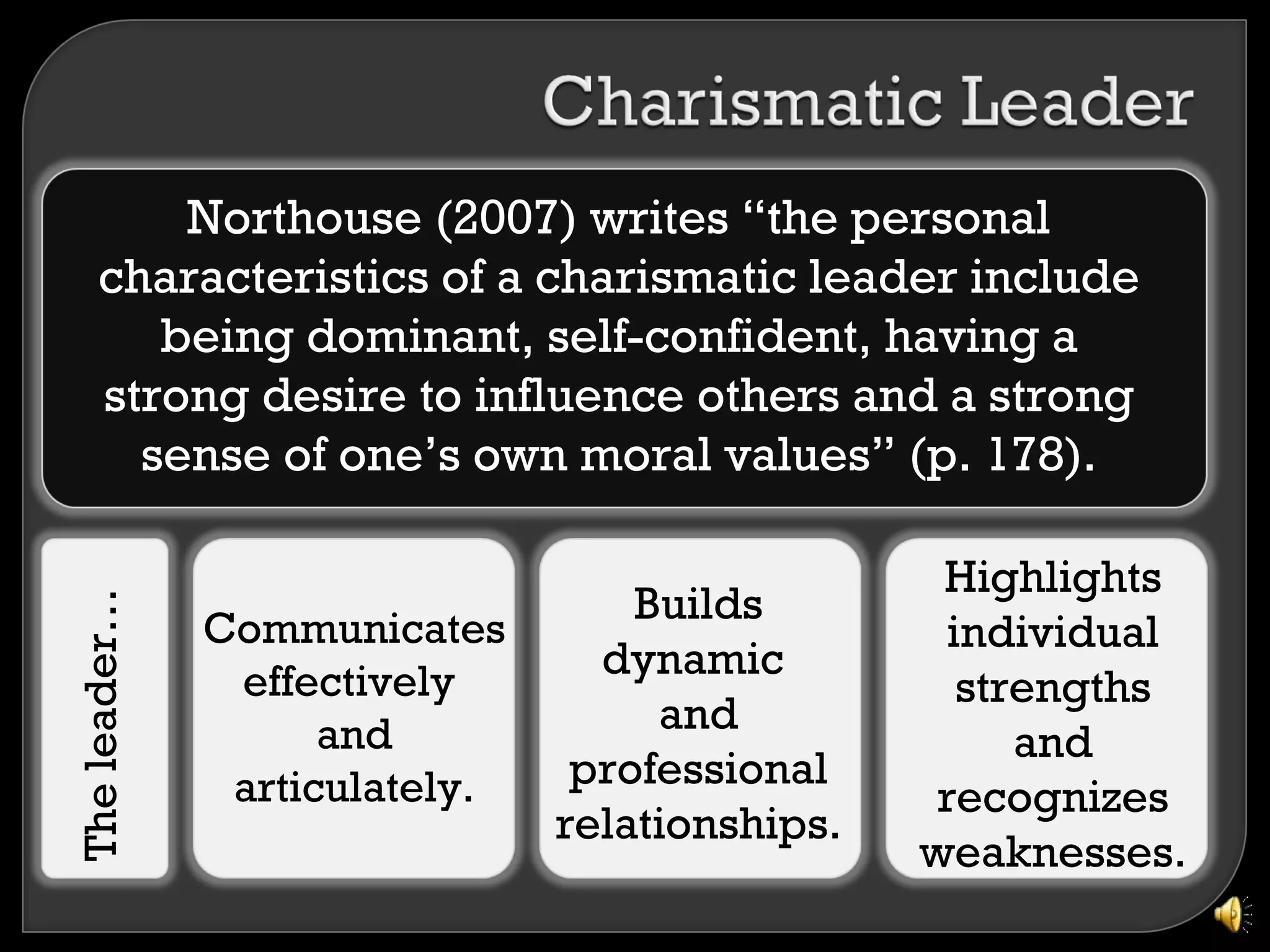 Northouse (2007) writes “the personal
     characteristics of a charismatic leader include
        being dominant, self-confident, having a
     strong desire to influence others and a strong
       sense of one’s own moral values” (p. 178).

                                                 Highlights
                                   Builds
The leader…




              Communicates                        individual
               effectively       dynamic
                                                   strengths
                    and             and
                                                      and
               articulately.    professional
                                                 recognizes
                               relationships.
                                                weaknesses.
 