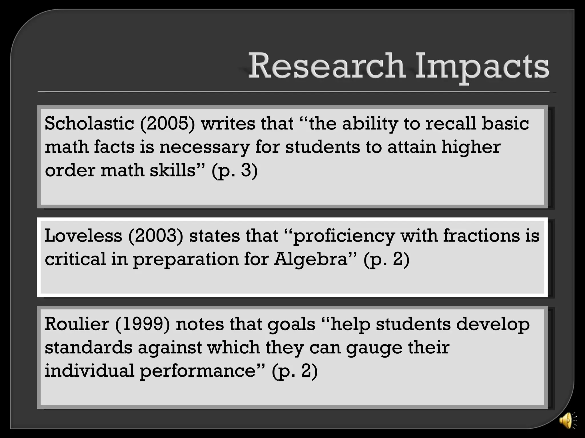Scholastic (2005) writes that “the ability to recall basic
math facts is necessary for students to attain higher
order math skills” (p. 3)


Loveless (2003) states that “proficiency with fractions is
critical in preparation for Algebra” (p. 2)


Roulier (1999) notes that goals “help students develop
standards against which they can gauge their
individual performance” (p. 2)
 