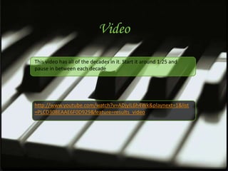 Video

This video has all of the decades in it. Start it around 1:25 and
pause in between each decade




http://www.youtube.com/watch?v=ADjyIL6h4Wk&playnext=1&list
=PLCD308EAAE6F0D929&feature=results_video
 