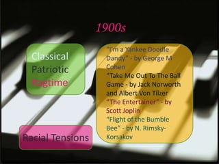 1900s
                   “I'm a Yankee Doodle
  Classical        Dandy” - by George M
  Patriotic        Cohen
                   “Take Me Out To The Ball
  Ragtime          Game - by Jack Norworth
                   and Albert Von Tilzer
                   “The Entertainer” - by
                   Scott Joplin
                   “Flight of the Bumble
                   Bee” - by N. Rimsky-
Racial Tensions    Korsakov
 