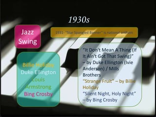 1930s
             1931- “Star Spangled Banner” is national anthem



                             “It Don't Mean A Thing (If
                             It Ain't Got That Swing)”
                             – by Duke Ellington (Ivie
Billie Holiday
                             Anderson) / Mills
Duke Ellington               Brothers
     Louis                   “Strange Fruit” – by Billie
 Armstrong                   Holiday
 Bing Crosby                 “Silent Night, Holy Night”
                             – by Bing Crosby
 