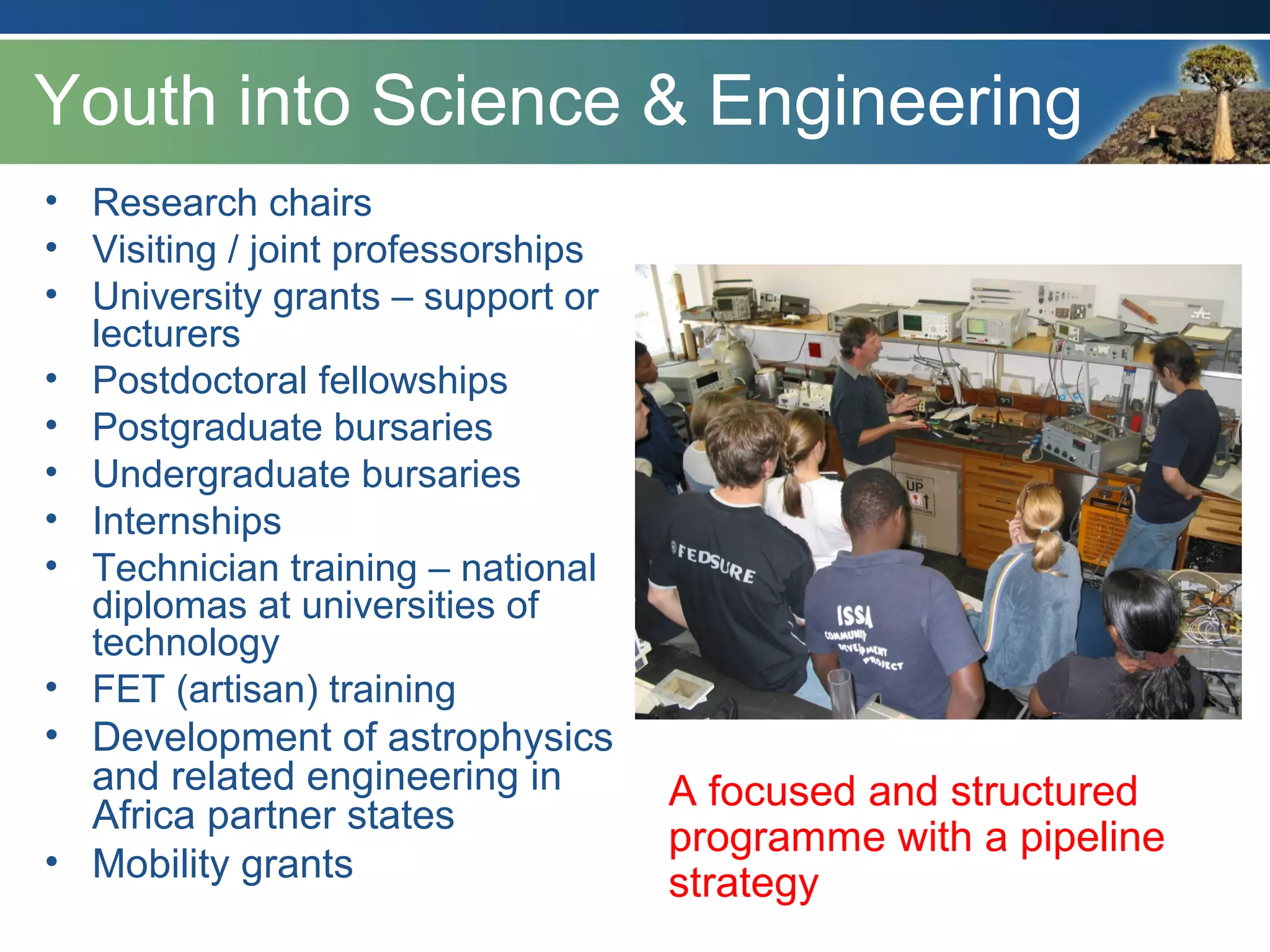 Youth into Science & Engineering
• Research chairs
• Visiting / joint professorships
• University grants – support or
lecturers
• Postdoctoral fellowships
• Postgraduate bursaries
• Undergraduate bursaries
• Internships
• Technician training – national
diplomas at universities of
technology
• FET (artisan) training
• Development of astrophysics
and related engineering in
Africa partner states
• Mobility grants
A focused and structured
programme with a pipeline
strategy
 