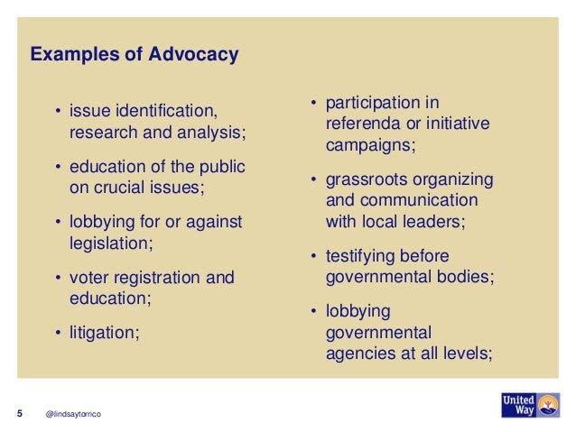 @lindsaytorrico 
5 
Examples of Advocacy 
•issue identification, research and analysis; 
•education of the public on cruci...