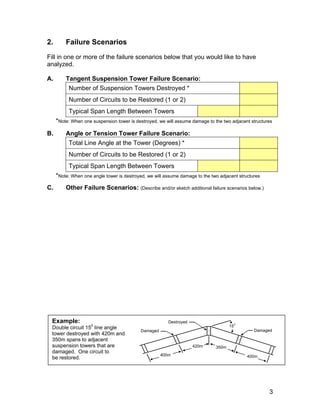 2. Failure Scenarios
Fill in one or more of the failure scenarios below that you would like to have
analyzed.
A. Tangent Suspension Tower Failure Scenario:
Number of Suspension Towers Destroyed *
Number of Circuits to be Restored (1 or 2)
Typical Span Length Between Towers
*Note: When one suspension tower is destroyed, we will assume damage to the two adjacent structures
B. Angle or Tension Tower Failure Scenario:
Total Line Angle at the Tower (Degrees) *
Number of Circuits to be Restored (1 or 2)
Typical Span Length Between Towers
*Note: When one angle tower is destroyed, we will assume damage to the two adjacent structures
C. Other Failure Scenarios: (Describe and/or sketch additional failure scenarios below.)
Example: Destroyed 0
15Double circuit 150
line angle Damaged
tower destroyed with 420m and
350m spans to adjacent
suspension towers that are
damaged. One circuit to
be restored. 400m
350m
400m
Damaged
420m
3
 