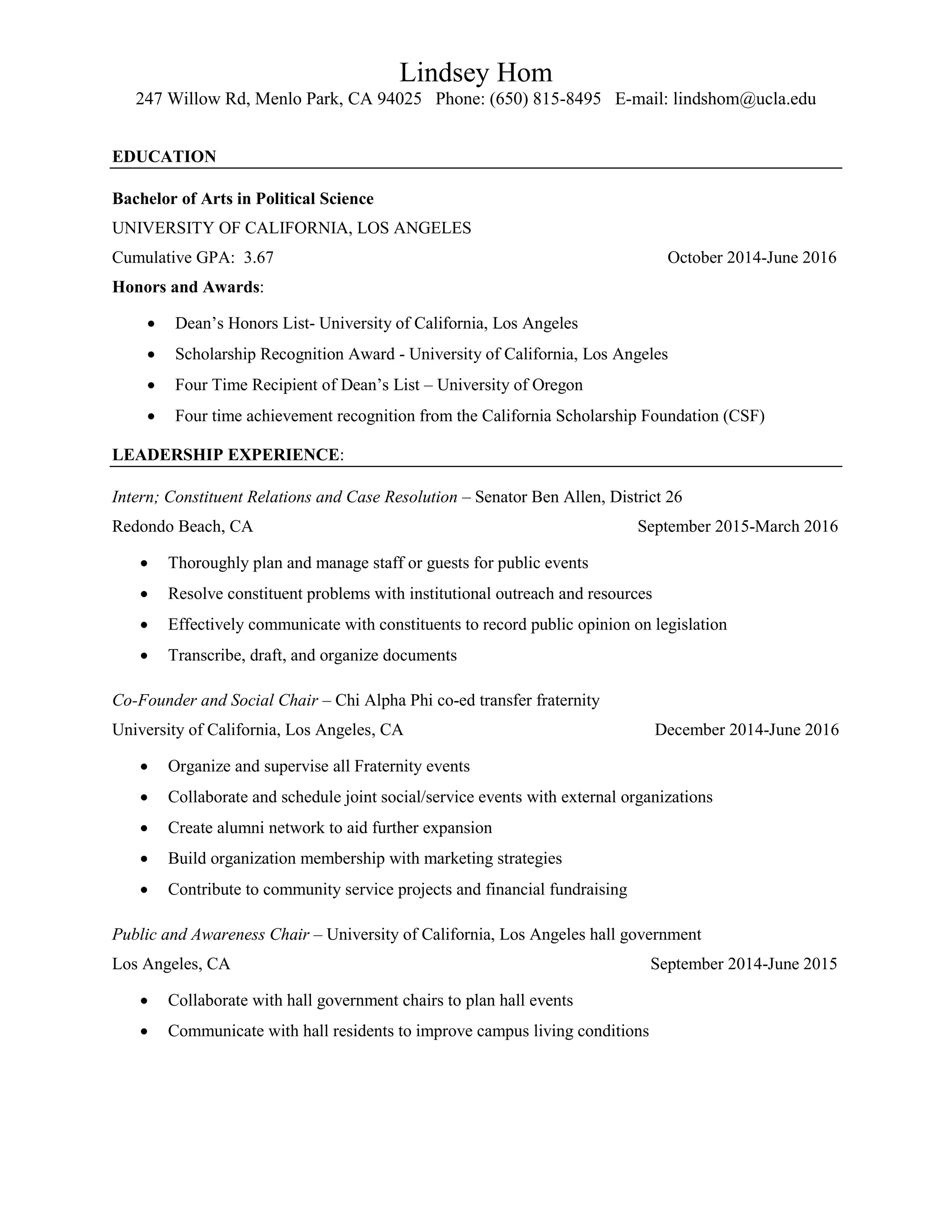 Lindsey Hom Resume PDF Free Download